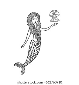 Hand drawn cute little mermaid with jellyfish. Doodle cartoon vector illustration isolated on white background.
