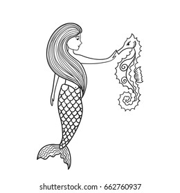 Hand drawn cute little mermaid with sea horse. Doodle cartoon vector illustration isolated on white background.