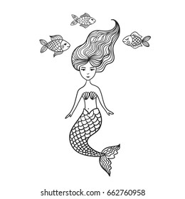 Hand drawn cute little mermaid with fishes. Doodle cartoon vector illustration isolated on white background.