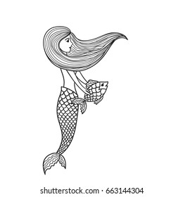 Hand drawn cute little mermaid with fish. Doodle cartoon vector illustration isolated on white background.