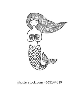 Hand drawn cute little mermaid. Doodle cartoon vector illustration isolated on white background.