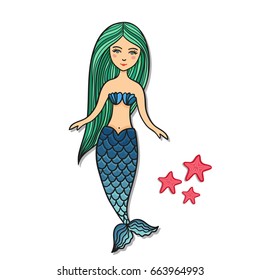 Hand drawn cute little mermaid with sea stars. Doodle cartoon vector illustration isolated on white background.