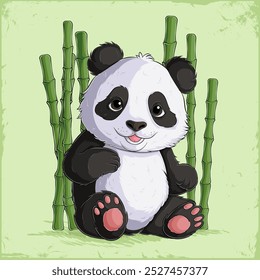 Dibujado a mano pequeño panda lindo sentado con palos de bambú en la parte posterior aislado sobre fondo verde