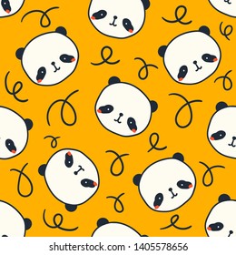 Hand drawn cute little pandas. Vector seamless pattern. Colored trendy illustration for kids. Cartoon style. Flat design. Yellow background