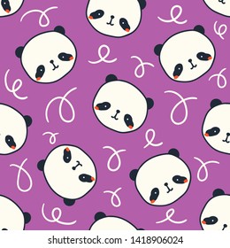 Hand drawn cute little panda's heads. Vector seamless pattern. Colored trendy illustration for kids. Cartoon style. Flat design. Purple background