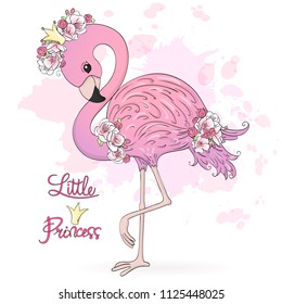Hand drawn cute Little Princess Flamingo with flowers. Vector Illustration EPS10. - Shutterstock ID 1125448025