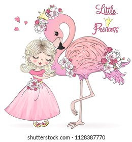 Hand drawn cute Little Princess girl with Flamingo. Vector Illustration. EPS10.