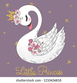 Hand drawn cute Little Princess Swan with crown and flowers. Vector Illustration EPS10.