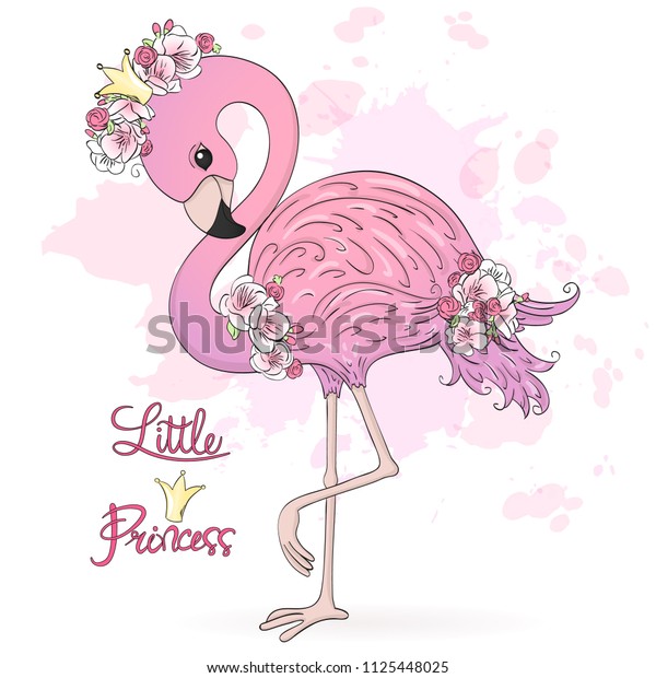 手描きのかわいい小さなフラミンゴ姫と花 ベクターイラストeps10 のベクター画像素材 ロイヤリティフリー