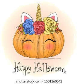 Hand drawn cute little pumpkin head and unicorn decoration  Happy Halloween lettering  Vector illustration 