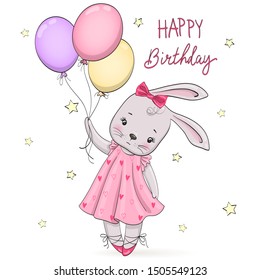 Hand Drawn cute little rabbit girl ballerina with balloons. Vector illustration.