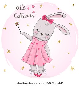 Hand Drawn cute little rabbit girl ballerina with a magic wand. Vector illustration.