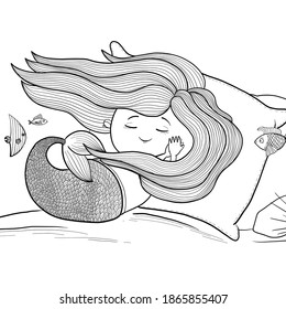 Hand drawn cute little sleeping mermaid, vector illustration, character or print