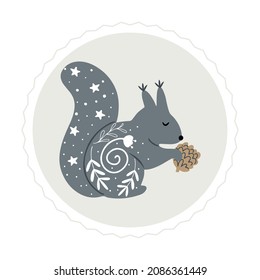 Hand drawn cute little squirrel holding pine cone with folk motif with plants and stars, circle Scandinavian style isolated vector clipart