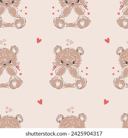 Hand Drawn Cute little Teddy Bears and hearts seamless pattern. Vector illustration kids design