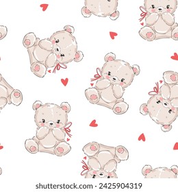 Hand Drawn Cute little Teddy Bears and hearts seamless pattern. Vector illustration kids design