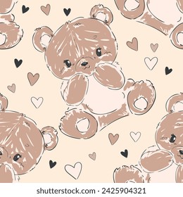 Hand Drawn Cute little Teddy Bears and hearts seamless pattern. Vector illustration kids design