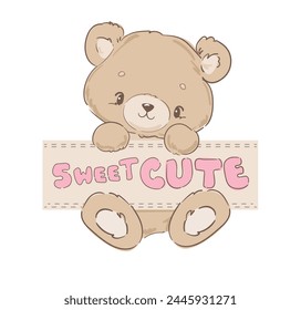 Dibujado a mano pequeño osito de peluche lindo, diseño de impresión, niños imprimir en la camiseta. Diseño de Ilustración vectorial