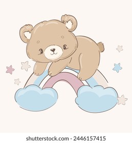 Hand Drawn Cute little Teddy Bear, vector illustration, Print for baby, newborns design 