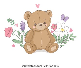 Dibujado a mano pequeño osito de peluche lindo, Ilustración vectorial, impresión para el bebé, diseño de recién nacidos 