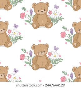 Hand Drawn Cute little Teddy Bear, vector illustration, Print for baby, newborns design seamless pattern