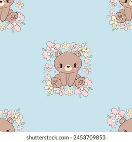 Hand Drawn Cute little Teddy Bear and flowers, vector illustration, Print for baby, newborns design seamless pattern