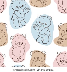 Hand Drawn Cute little Teddy Bear, vector illustration, Print for baby, newborns design seamless pattern