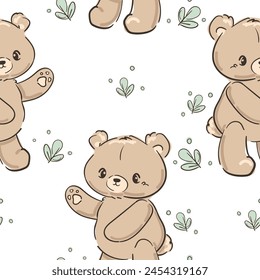 Hand Drawn Cute little Teddy Bear, vector illustration, Print for baby, newborns design seamless pattern