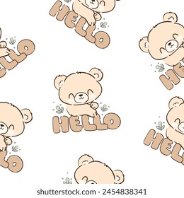 Hand Drawn Cute little Teddy Bear, vector illustration, Print for baby, newborns design seamless pattern
