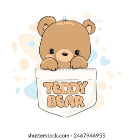 Hand Drawn Cute little Teddy Bear sitting in a pocket kids print, design print for nursery, vector illustration, Print for baby, newborns design 