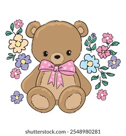 Hand Drawn Cute little Teddy Bear and Flowers, vector illustration, Print for baby, newborns design 