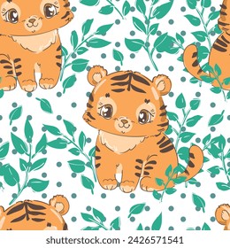 Hand drawn Cute Little Tiger Seamless pattern. Vector illustration stock. Print design for nursery, textile, wrapping paper, banner.