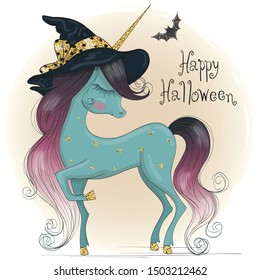 Hand drawn cute little unicorn in witch hat. Happy Halloween lettering. Vector illustration.