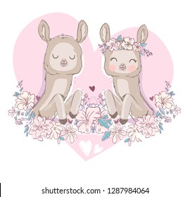 Hand drawn cute llama and flowers. beautiful children's print and poster. Valentines day