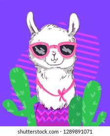 Hand Drawn Cute Llama with glasses vector illustration. Children's design poster. Print for T-shirt.