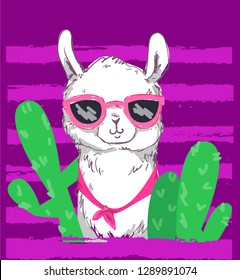 Hand Drawn Cute Llama with glasses vector illustration. Children's design poster. Print for T-shirt.