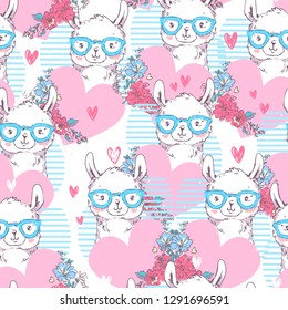 Hand Drawn Cute Llama with glasses  vector illustration. Children's design poster. Print for T-shirt. Heart and flowers. Pattern seamless.