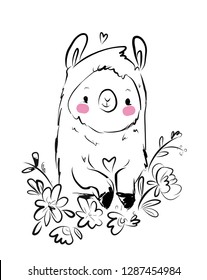 Hand drawn cute Llama, ink cartoon animal, vector illustration 