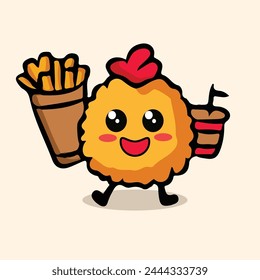 hand drawn cute logo cartoon character friedchicken bring a potatos