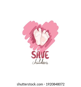 Hand drawn cute logo heart and baby feet for baby design. Pastel colors, pink shades. Vector illustration