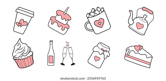 Hand drawn Cute Love Stickers Collection. Set Sweet Elements for Card, Poster, Banner, Web. Vector Line Art Icons Coffee, Cupcake, Hot Chocolate, Cake, Alcohol, Teapot, Glass, Heart. Design Concept.