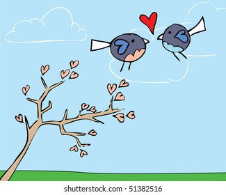 Hand drawn, cute lovebirds vector.