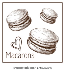 Hand dibujó lindos macarones aislados en blanco. boceto vectorial de macarons en estilo vintage. ilustración de pastelería grabada. Cabecera de postres dulce para etiqueta, logo, menú de panadería, diseño de afiches. conjunto de garabatos.