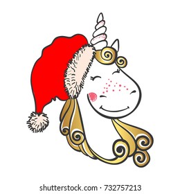 Hand drawn Cute magic winter Unicorn in Santa hat isolated on white background. Cartoon fantasy animal. Dream symbol. Design element for greeting cards, t-shirt and other. Vector illustration.