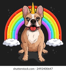 Hand drawn cute Magical Unicorn French Bulldog dog sitting and panting, in full length with rainbow