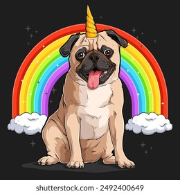 Dibujado a mano lindo unicornio mágico Pug raza de perro sentado y jadeando, en longitud completa con arco iris