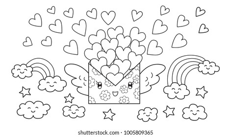 Hand drawn cute mail letter carrying lots of loves flying, design for design element and coloring book page for kids and adult.Vector illustration