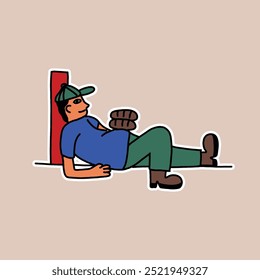 hand drawn cute man laying with bread illustration