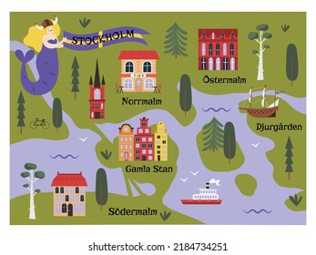 Hand drawn cute map or postcard of Stockholm, Sweden. Cozy houses and ships,  funny mermaid with Swedish flag. Flat style vector illustration on white background