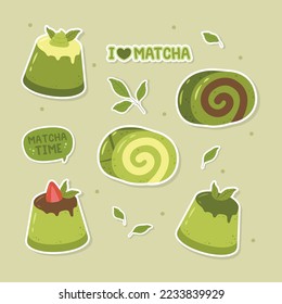 Hand drawn cute matcha green tea snacks sticker set collection vector design